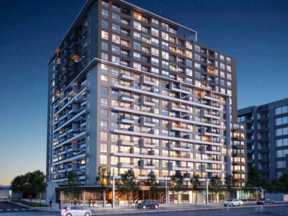Fachada del edificio de departamentos nuevos en Santiago