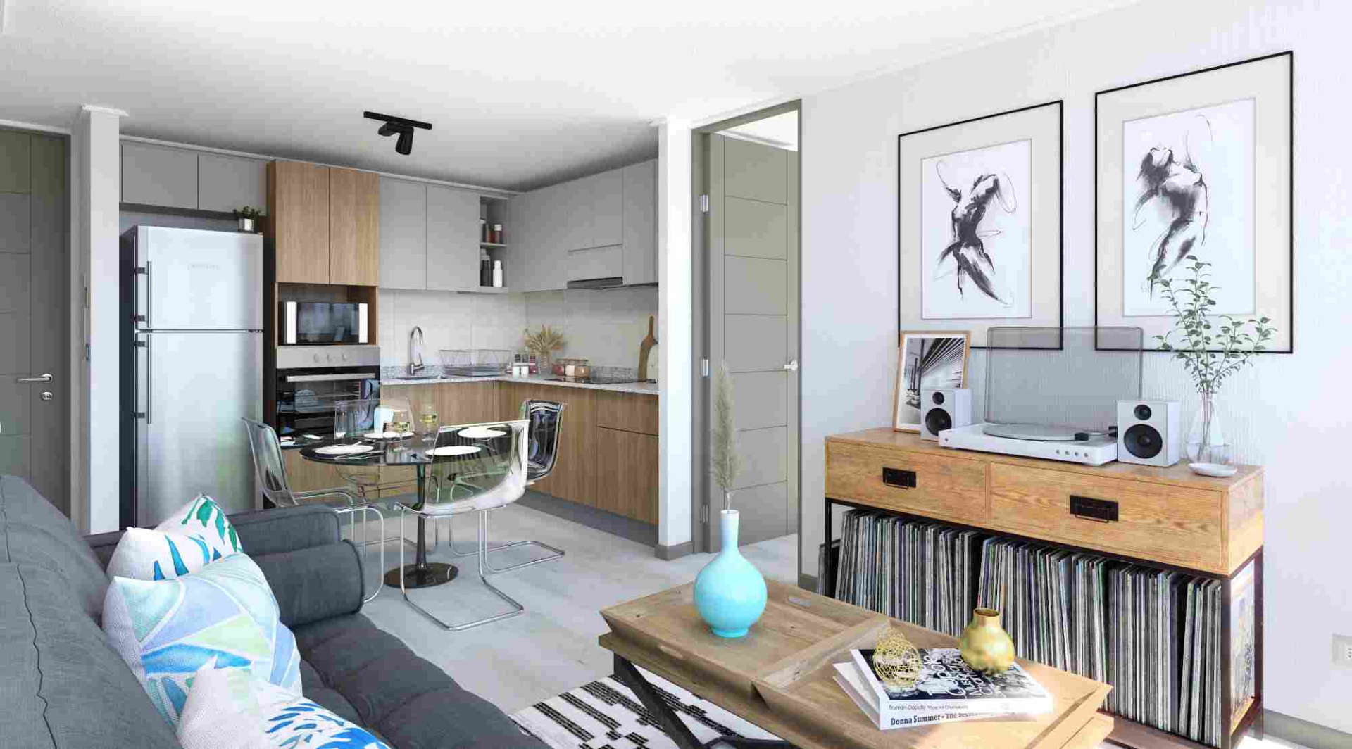 Living comedor y cocina del departamento
