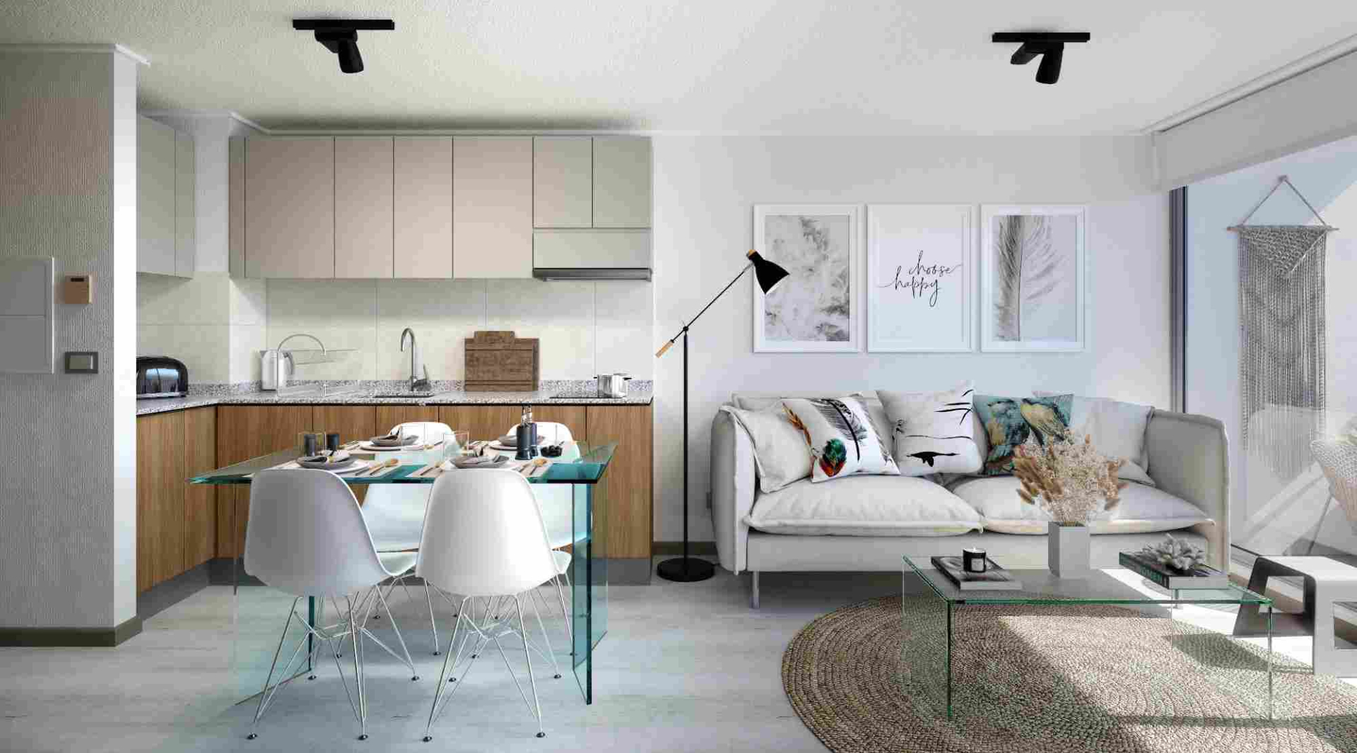 Cocina americana y living del departamento