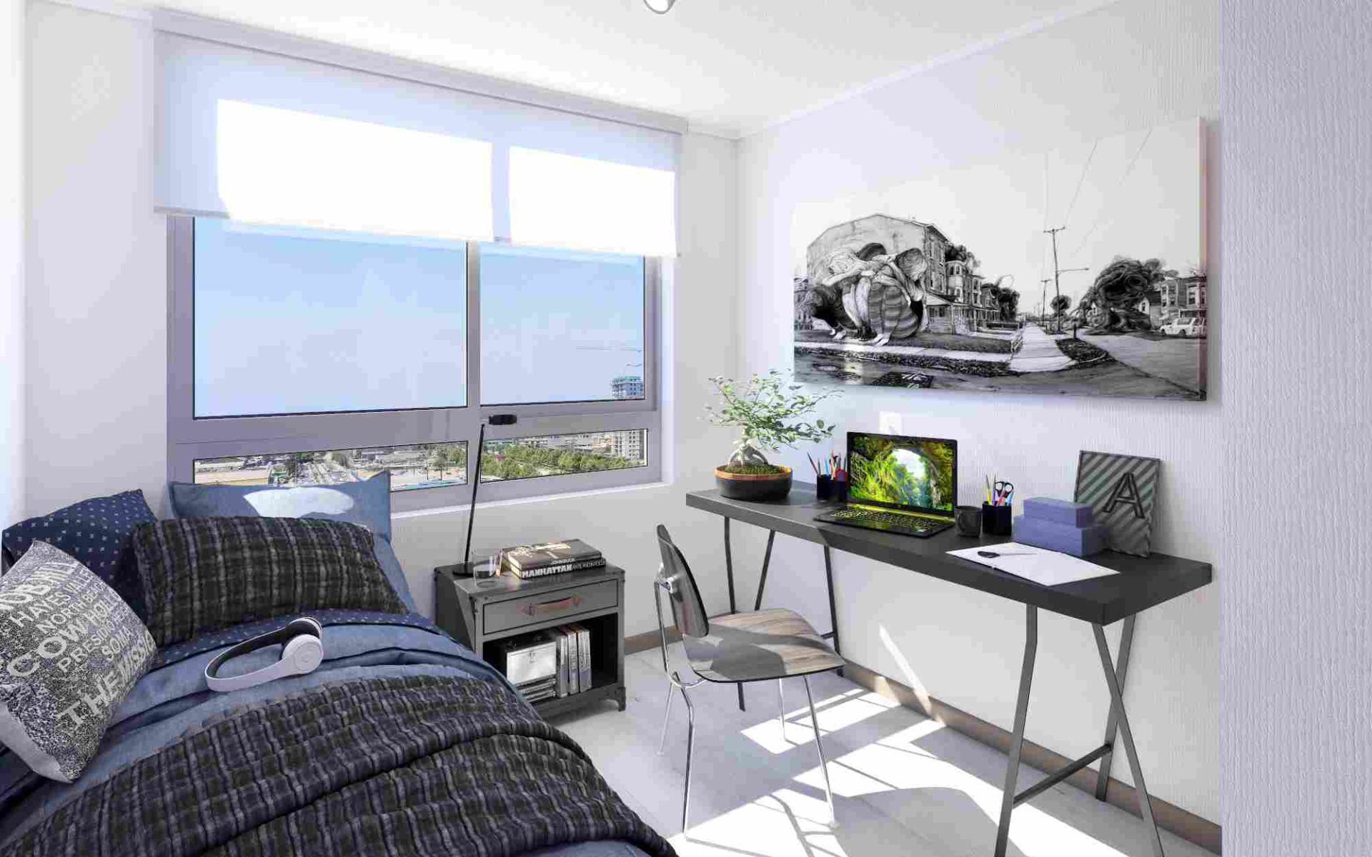 Dormitorio con escritorio del departamento
