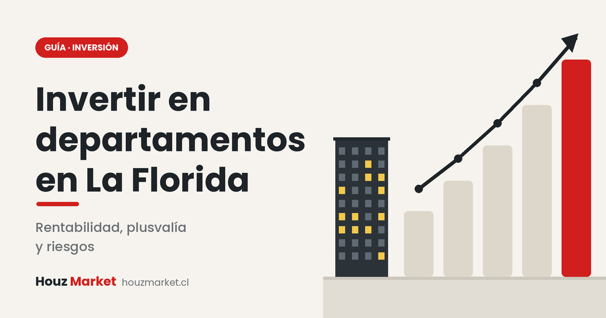Ilustración de edificios con un gráfico de barras ascendente y el texto Invertir en departamentos en La Florida